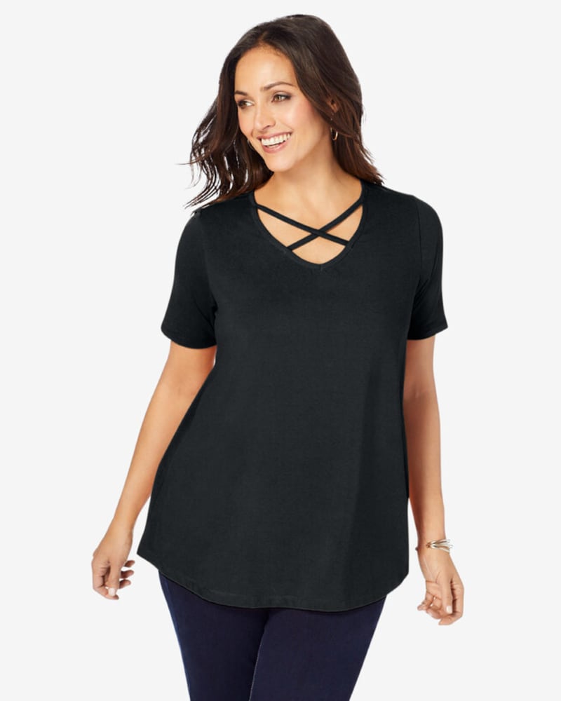 Front of a model wearing a size L Meg Cross Neck Tee in Black by Jessica London. | dia_product_style_image_id:383612